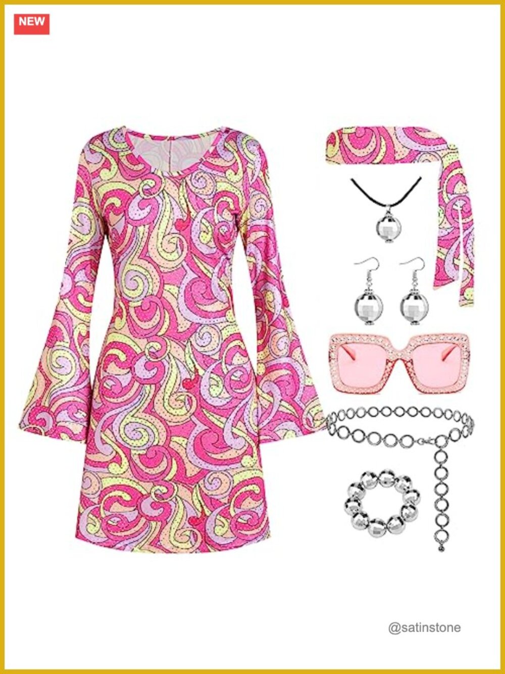 70s Disco Outfit Dress Sequin Costume Bell Sleeve Hippie Halloween 7-Piece Set